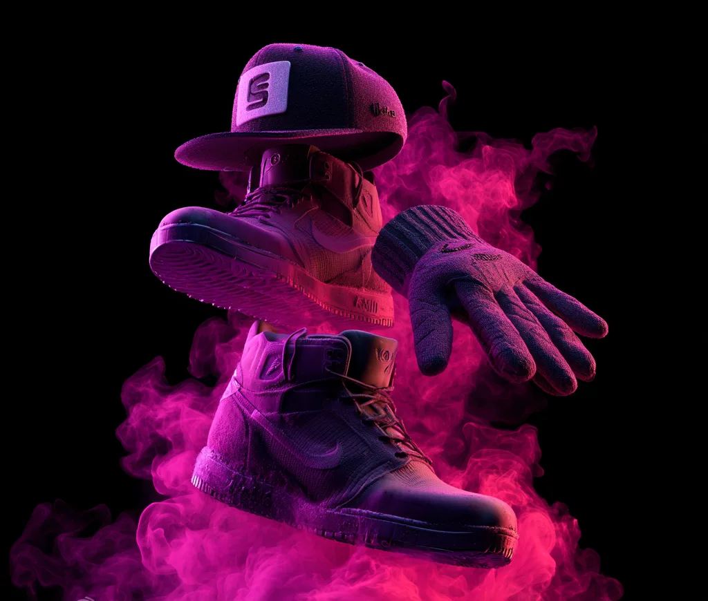 Sneaker, casquette et gant assainis dans une vapeur UV rose