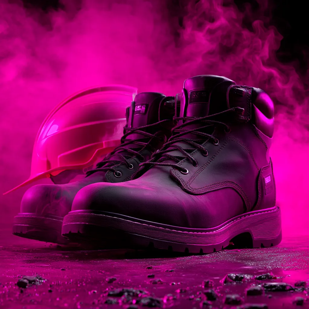 Chaussures de sécurité et casque de chantier sous lumière UV