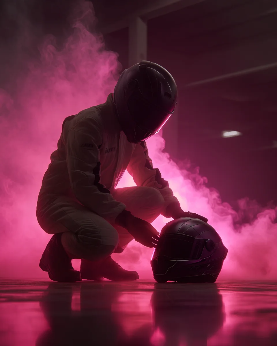 Motard préparant son casque dans une vapeur UV rose
