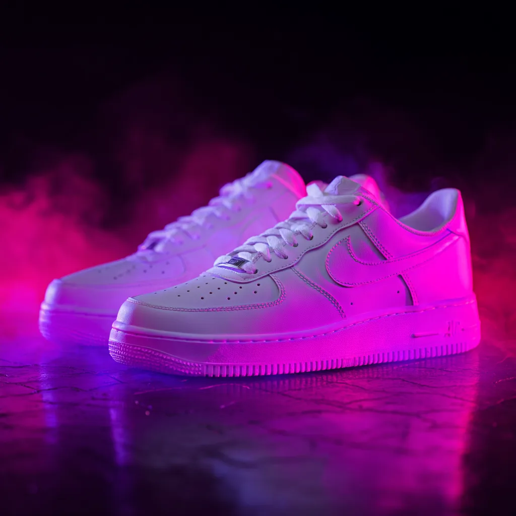Sneakers blanches baignées de lumière UV